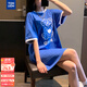 唐獅夏季連衣裙女圓領撞邊圖案T恤寬松顯瘦韓版流行WP 寶石藍 M