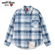 查爾斯桃心美式可愛(ài)小狗印花長(cháng)袖襯衫男女秋冬加絨情侶款外套 藍白格 S