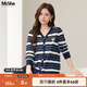 MsShe【竹節麻開(kāi)衫】大碼女裝2025秋裝胖mm顯瘦長(cháng)袖V領(lǐng)條紋針織衫外套 藏青藍色現貨 6XL