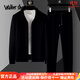 Walker Shop高端品牌秋季新款戶(hù)外運動(dòng)套裝男【優(yōu)選高檔桑蠶絲】夾克休閑套裝 黑色翻領(lǐng)款【兩件裝套裝】 XL建議【135-155斤】