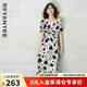 顏域短袖V領(lǐng)印花連衣裙女秋裝2024新款女士收腰顯瘦中長(cháng)款茶歇裙 黑花 XL/42