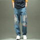 倉石一樹(shù)潮牌高端牛仔褲男士2025新款拼接寬松休閑補丁闊腿直筒復古長(cháng)褲 牛仔藍 XL