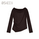 BSIEE本澀2025年冬季新款設計感不對稱(chēng)一字肩打褶毛衣內搭針織衫 咖啡色 M
