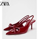 折扣女鞋2025春季新品紅色漆皮蝴蝶結尖頭穆勒鞋紅色單鞋 2208410 紅色 36 （跟高7cm）