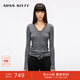 MISS SIXTY2025秋季新款羊毛針織開(kāi)衫女V領(lǐng)蕾絲拼接修身短款上衣 花灰 S