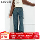 LAGOGO【丹寧系列】工裝風(fēng)牛仔褲女拉谷谷春秋新款寬松百搭褲子 深牛仔藍(lán)(N2) L