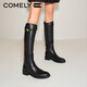 康莉（COMELY）牛皮騎士靴女秋冬季圓頭粗跟不過(guò)膝加絨長(cháng)筒靴子 黑色 36