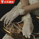 LZJV高級感韓式新娘蕾絲婚紗手套乳白色短款包指蝴蝶結珍珠日常拍照 蕾絲手套均碼