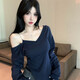 矜持范衛衣女小香風(fēng)一字領(lǐng)鏈條長(cháng)袖衛衣女秋冬季設計感不規則露肩辣妹 藏青色 XS 【建議50-70斤】