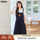 MsShe【假兩件仿牛仔連衣裙】大碼女裝2025夏季胖mm巨顯瘦a字裙子 藏青藍色現(xiàn)貨 3XL