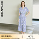 顏域藍色波點V領(lǐng)連衣裙女2025夏季新款收腰修身法式復(fù)古短袖長裙 藍波點 L
