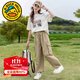 G.DUCKKIDS女童夏裝套裝25春秋款兒童棉短袖12-15歲衣服女大童工裝褲兩件套 米杏色 160 尺碼13~14歲【150-160cm】