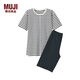 無(wú)印良品 MUJI 大童 無(wú)側縫 天竺編織 家居服套裝 睡衣 黑色條紋 120