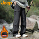 JEEP吉普褲子男冬季保暖加絨褲男工裝休閑褲男戶(hù)外傘兵褲男黑色XL