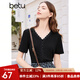 百圖betu女裝春夏新款T恤法式蕾絲花邊V領(lǐng)短袖針織T恤女2402T22 黑色 S