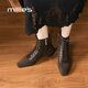 妙麗（Millies）羊皮方頭法式短靴系帶粗跟中跟真皮馬丁靴女加絨瘦瘦靴 棕色 37