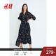 H&M女裝連衣裙2025夏花朵系帶燈籠袖皺感A字植物印花長(cháng)裙1219083 黑色/花卉 M 165/96