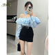夢(mèng)琪嵐新款辣妹外穿荷葉邊辣妹套裝女高級感小香風(fēng)高腰包臀半身短裙百搭 【兩件-藍色襯衫+黑色短裙 配腰 M 建議95-105斤