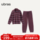 ubras慕斯絨菱格條紋翻領(lǐng)套頭長(cháng)袖長(cháng)褲套裝女睡衣情侶家居服男 女款-櫻桃酒咖色 L