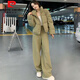 皮爾卡丹（pierre cardin）燈芯絨爆款簡(jiǎn)約棉服女裝新款冬季穿搭高級感加厚外套兩件套裝ins 軍綠色棉衣外套闊腿褲兩件套裝 L   建議105-120斤
