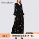 MeetMetro瑪依爾V領(lǐng)印花連衣裙女2025秋新款燈籠袖浪漫長(cháng)款仙女裙黑色【現貨閃電發(fā)】XL