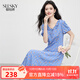 熙世界（sllsky）法式度假碎花連衣裙2025夏天新款泡泡袖花邊V領(lǐng)雪紡裙子 藍底黃花 XL