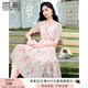 香影v領(lǐng)印花連衣裙女2025夏季新款絕美暈染木耳領(lǐng)泡泡袖雪紡裙子 粉紅 M