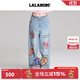 LALABOBO袁一琦同款純棉牛仔褲女高腰顯瘦小熊印花寬松闊腿褲RBED-WXZC19 中藍白 常規 25 建議105-120斤