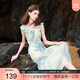 三彩2025夏季新款系帶V領(lǐng)荷葉邊暈染印花雪紡連衣裙長(cháng)裙