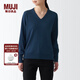 無(wú)印良品 MUJI 女式 美利奴羊毛 可水洗 V領(lǐng)毛衣 BAC12A2A 長(cháng)袖針織衫 煙熏藍色 XL