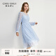 秋水伊人簡(jiǎn)約v領(lǐng)拼接花邊連衣裙2025年春秋新款優(yōu)雅顯瘦A字中長(cháng)裙 藍色 M
