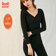 貓人（MiiOW）德絨V領(lǐng)低領(lǐng)保暖內衣女發(fā)熱無(wú)痕秋衣秋褲套裝打底加絨加厚上衣冬 羊毛德絨-黑色套裝 M [90-110斤]