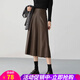 歐貝汐皮裙半身裙女2025春秋冬季新款高腰中長(cháng)款復古傘裙a字裙 卡其色 M