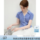 范思藍(lán)恩蕾絲拼接翻領(lǐng)短袖襯衫女夏季2025新款假兩件格子襯衣2074 藍(lán)白格 M