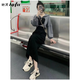 她芙（tafu）品牌女裝法式連衣裙女2025春秋新款時(shí)尚洋氣減齡收腰衛衣a字裙子 灰拼黑 S （100斤以?xún)龋? title=