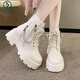 啄木鳥(niǎo)白色馬丁靴女2025新款雙拉鏈機車(chē)靴子秋冬單款英倫風(fēng)厚底增高短靴 米白色 37