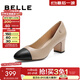百麗（Belle）羊皮高跟鞋女粗跟商場(chǎng)同款氣質(zhì)通勤百搭高跟單鞋B2E1DAQ4 杏色 37 (235mm)