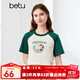 百圖betu女裝夏季新款T恤圓領(lǐng)撞色插肩袖字母刺繡印花短袖2406T10 綠色 M