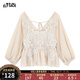 妖精的口袋仙氣鏤空蕾絲雪紡衫女2025春季新款設計感罩衫薄紗上衣 蕾絲米白色 M