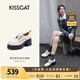 KISSCAT接吻貓女鞋[奧利奧]厚底樂(lè )福鞋女秋冬季新款百搭系帶JK真皮小皮鞋 米色牛皮革 37