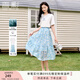 香影休閑套裝時尚減齡兩件套女2025夏季新款白色t恤搭碎花半身裙 藍色 S