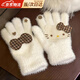 JIOESC手套冬季女騎車(chē)騎行分指手套女生可愛(ài)貓咪復古文藝風(fēng)保暖防寒紐扣 白色 均碼 1雙