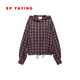 EP雅瑩連帽外套女 100綿羊毛短款抽繩休閑格紋 商場(chǎng)同款1251B 藍色 L