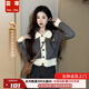 蕓蕁外套女學(xué)院風(fēng)灰色短款針織開(kāi)衫秋季2025年新款法式翻領(lǐng)小個(gè)子毛衣 灰色 S 建議75-95斤
