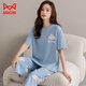 貓人睡衣女夏純棉短袖七分褲兩件套可外穿全棉夏季薄款女士家居服套裝 8236  藍色 XL【建議115-130斤】
