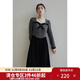 獨束大碼女裝法式優(yōu)雅撞色連衣裙冬新款復古方領(lǐng)微胖mm中長(cháng)款裙子 灰黑色 M