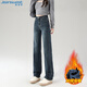 真維斯牛仔褲女冬季加絨直筒百搭彈力質(zhì)感潮流顯瘦煙管褲女藍灰加絨XL
