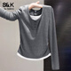 班尼路S&K系列打底衫女裝長(cháng)袖t恤女秋冬季新款假兩件潮流上衣服修身秋衣 深麻灰#純色 【柔軟親膚】 XL
