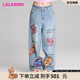 LALABOBO袁一琦同款純棉牛仔褲女高腰顯瘦小熊印花寬松闊腿褲潮RBDC-ZC19 中藍(lán)白 常規(guī) 27 建議125-140斤