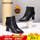 蜘蛛王靴子女秋冬新款真皮粗跟加絨皮鞋尖頭女士高跟短靴百搭女鞋踝靴 黑色 加絨 38